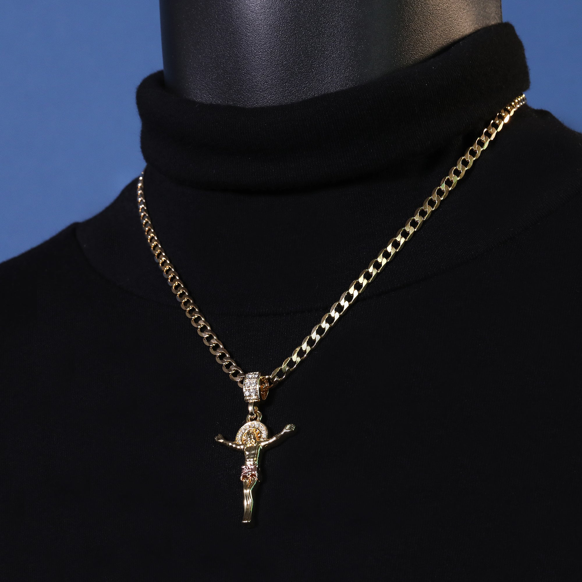 Catholic Crucifix Jesus Pendant Cubic-Zirconia Gold Plated 18" Cuban Chain
