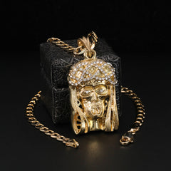 Catholic Crowned Jesus Face Pendant Cubic-Zirconia Gold Plated 18" Cuban Chain
