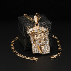 Catholic Jesus Face Big Crown Pendant Cubic-Zirconia Gold Plated 18" Cuban Chain