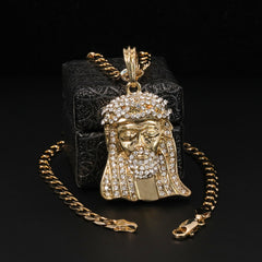 Catholic Bearded Jesus Face Pendant Cubic-Zirconia Gold Plated 18" Cuban Chain