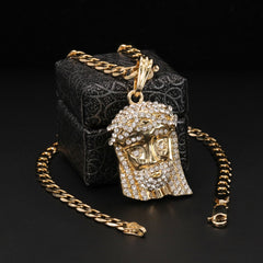 Catholic Jesus Face Pendant Cubic-Zirconia Gold Plated 18" Cuban Chain