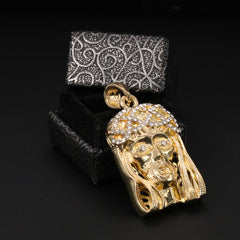 Catholic Crowned Jesus Face Pendant Cubic-Zirconia Gold Plated 18" Cuban Chain