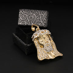 Catholic Bearded Jesus Face Pendant Cubic-Zirconia Gold Plated 18" Cuban Chain