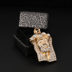 Catholic Jesus Face Big Crown Pendant Cubic-Zirconia Gold Plated 18" Cuban Chain