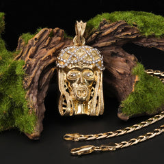 Catholic Crowned Jesus Face Pendant Cubic-Zirconia Gold Plated 18" Cuban Chain