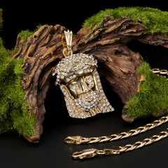 Catholic Jesus Face Pendant Cubic-Zirconia Gold Plated 18" Cuban Chain