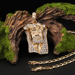 Catholic Jesus Face Big Crown Pendant Cubic-Zirconia Gold Plated 18" Cuban Chain