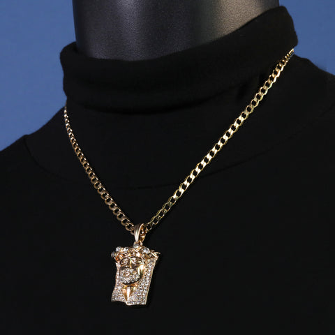 Catholic Jesus Face Big Crown Pendant Cubic-Zirconia Gold Plated 18" Cuban Chain