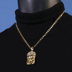 Catholic Crowned Jesus Face Pendant Cubic-Zirconia Gold Plated 18" Cuban Chain
