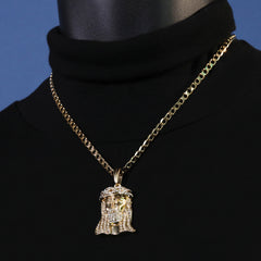 Catholic Bearded Jesus Face Pendant Cubic-Zirconia Gold Plated 18" Cuban Chain