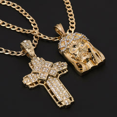 Catholic Crowned Jesus Face & Hollow X Cross Pendant Cubic-Zirconia Gold Plated