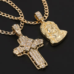 Catholic Sad Jesus Face & Hollow X Cross Pendant Cubic-Zirconia Gold Plated Cuban 20, 24