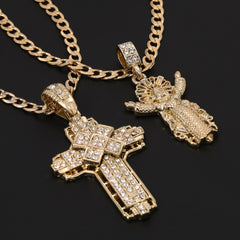 Catholic Risen Jesus & Hollow X Cross Pendant Cubic-Zirconia Gold Plated