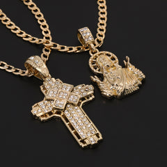 Catholic Jesus Worship & Hollow X Cross Pendant Cubic-Zirconia Gold Plated