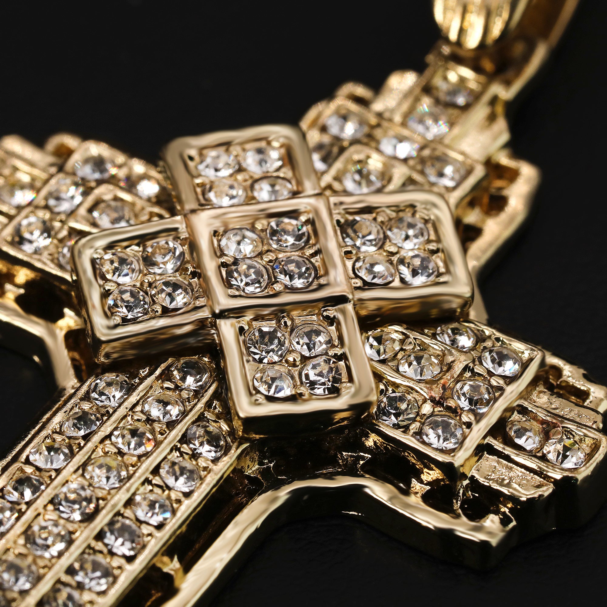 Catholic Crowned Jesus Face & Hollow X Cross Pendant Cubic-Zirconia Gold Plated