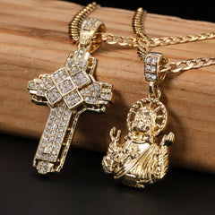 Catholic Jesus Worship & Hollow X Cross Pendant Cubic-Zirconia Gold Plated