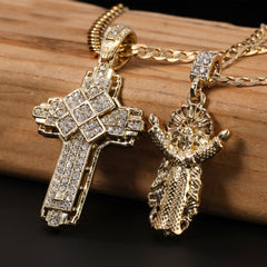 Catholic Risen Jesus & Hollow X Cross Pendant Cubic-Zirconia Gold Plated
