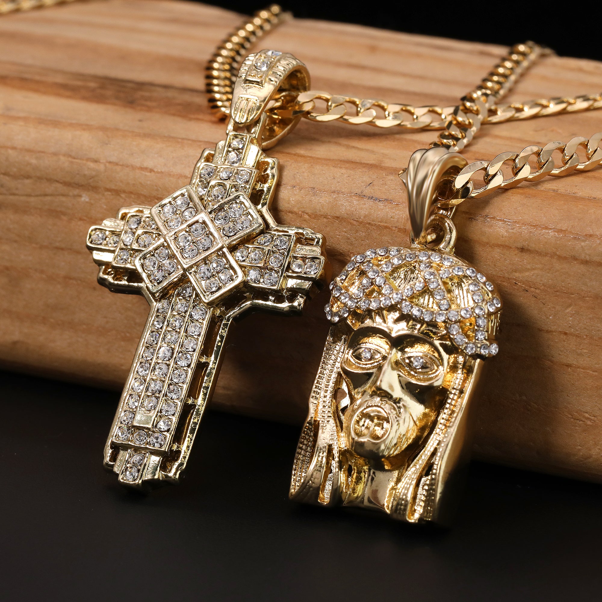 Catholic Crowned Jesus Face & Hollow X Cross Pendant Cubic-Zirconia Gold Plated