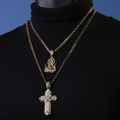 Catholic Jesus Worship & Hollow X Cross Pendant Cubic-Zirconia Gold Plated