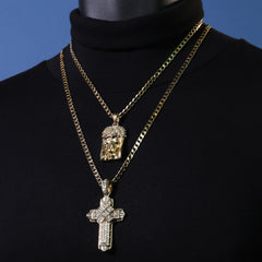 Catholic Crowned Jesus Face & Hollow X Cross Pendant Cubic-Zirconia Gold Plated