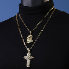 Catholic Sad Jesus Face & Hollow X Cross Pendant Cubic-Zirconia Gold Plated Cuban 20, 24