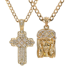Catholic Crowned Jesus Face & Hollow X Cross Pendant Cubic-Zirconia Gold Plated