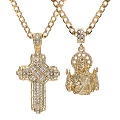 Catholic Jesus Worship & Hollow X Cross Pendant Cubic-Zirconia Gold Plated