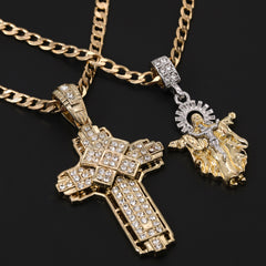 Jesus-Guadalupe & Hollow X Cross Pendant 20, 24" Cubic-Zirconia Gold Plated