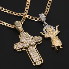 Child Jesus Worship & Hollow X Cross Pendant 20, 24" Cubic-Zirconia Gold Plated