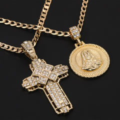 Round Jesus Heart & Hollow X Cross Pendant 20, 24" Cubic-Zirconia Gold Plated Cuban Chain