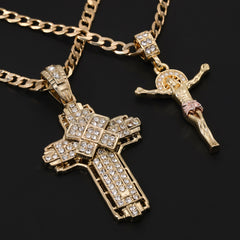 Jesus Crucifix & Hollow X Cross Pendant 20, 24" Cubic-Zirconia Gold Plated