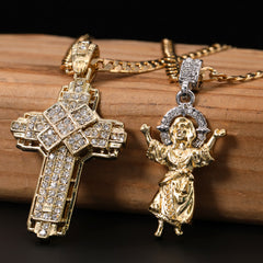 Child Jesus Worship & Hollow X Cross Pendant 20, 24" Cubic-Zirconia Gold Plated