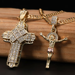 Jesus Crucifix & Hollow X Cross Pendant 20, 24" Cubic-Zirconia Gold Plated