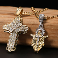Jesus-Guadalupe & Hollow X Cross Pendant 20, 24" Cubic-Zirconia Gold Plated