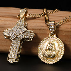 Round Jesus Heart & Hollow X Cross Pendant 20, 24" Cubic-Zirconia Gold Plated Cuban Chain