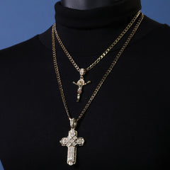 Jesus Crucifix & Hollow X Cross Pendant 20, 24" Cubic-Zirconia Gold Plated