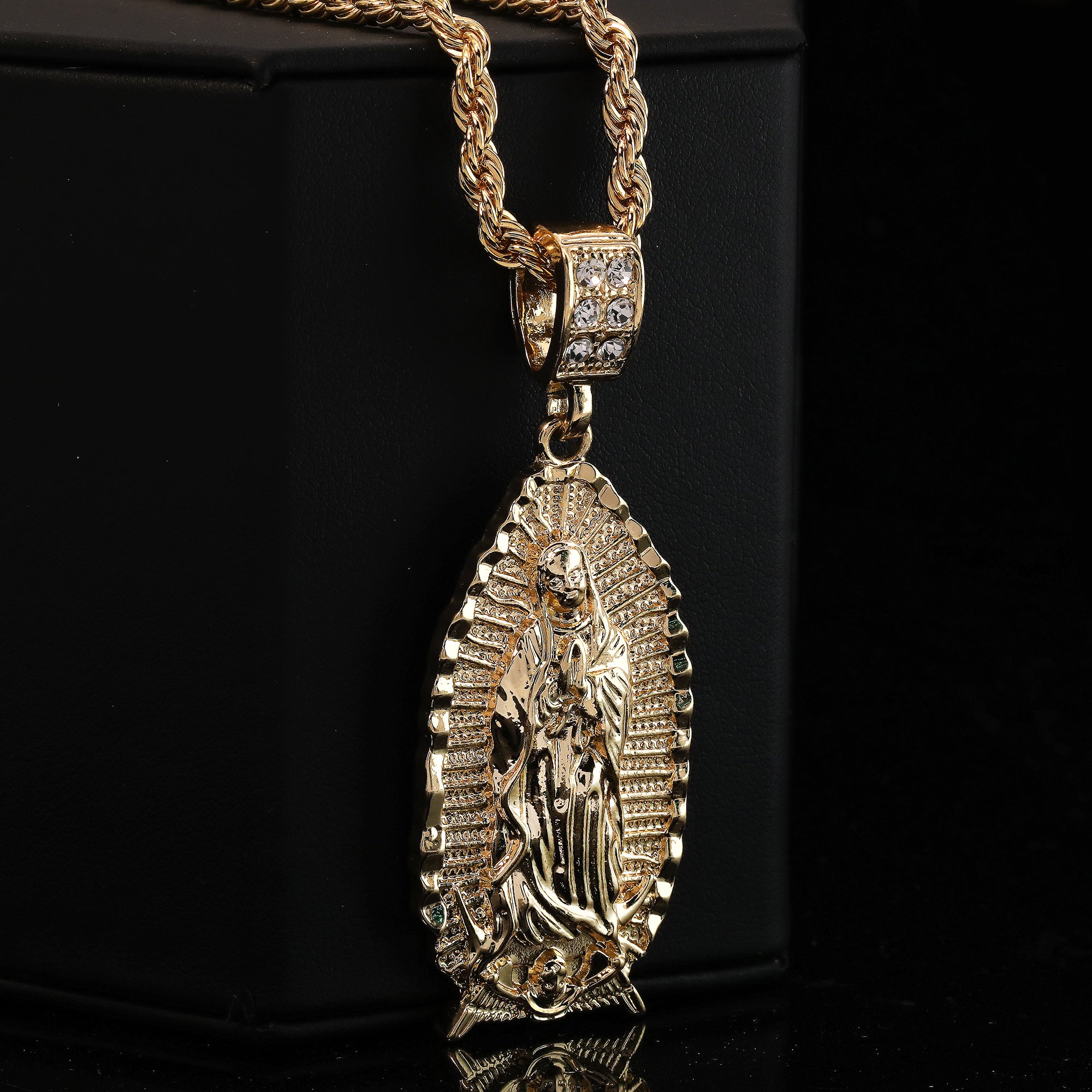 Wide Oval Guadalupe Pendant 14k Gold PT 20" Cuban & Rope Chain