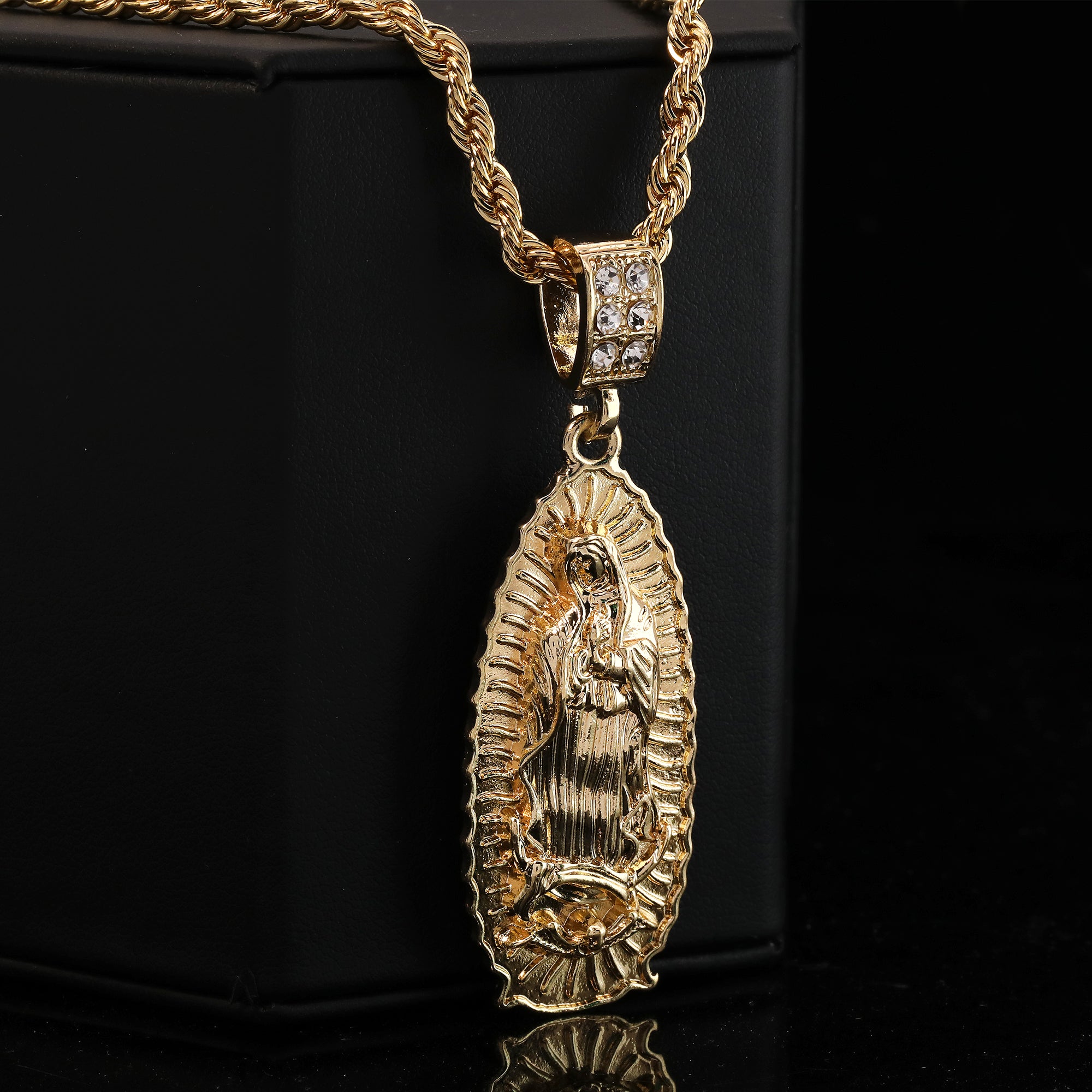 Thin Oval Guadalupe Pendant 14k Gold PT 20" Cuban & Rope Chain