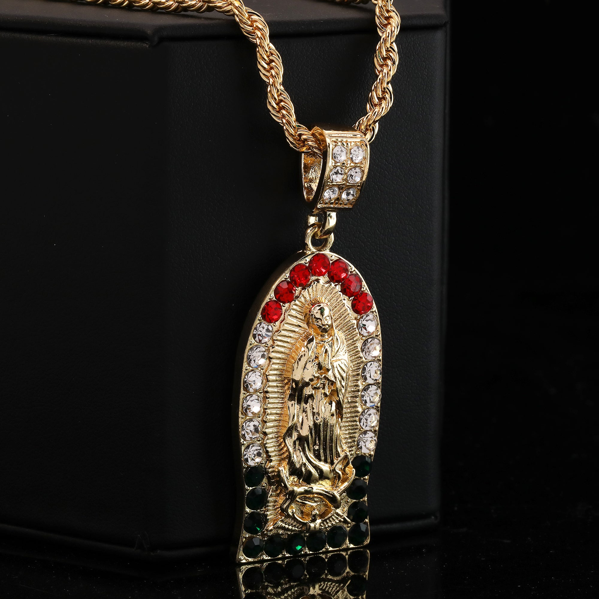 Cz Flat Bottom Mexican Color Guadalupe Pendant 14k Gold PT 20" Cuban & Rope Chain