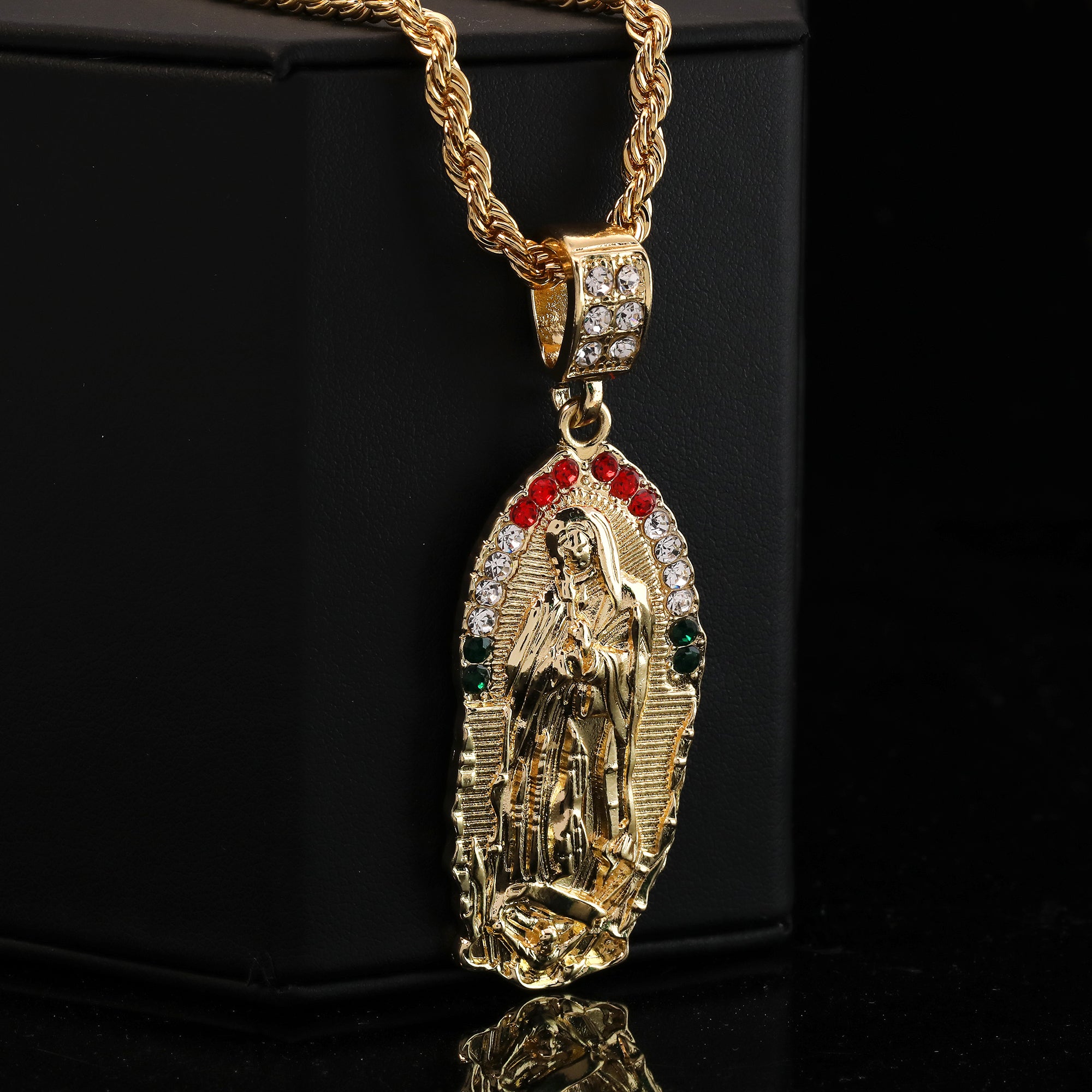 Cz Wave Oval Mexican Color Guadalupe Pendant 14k Gold PT 20" Cuban & Rope Chain
