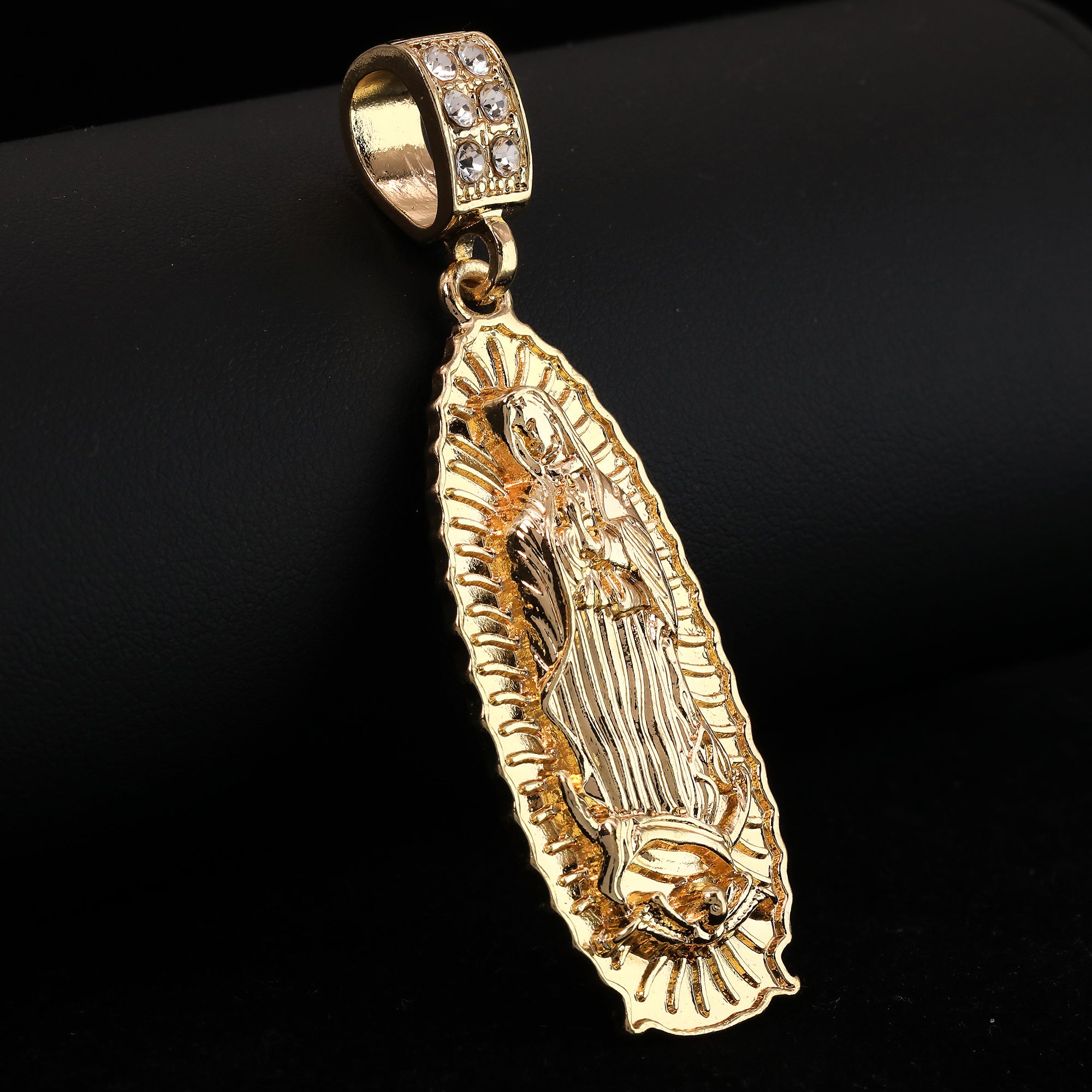 Thin Oval Guadalupe Pendant 14k Gold PT 20" Cuban & Rope Chain