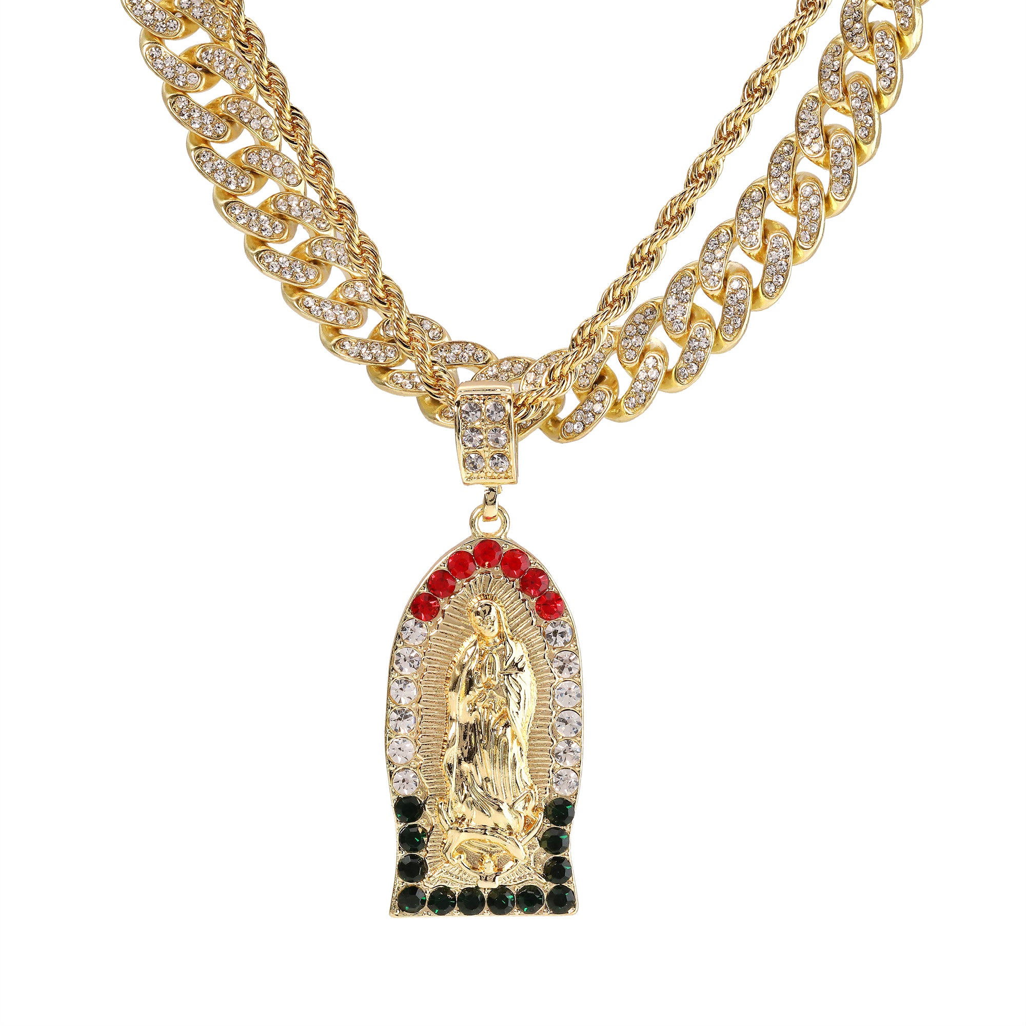 Cz Flat Bottom Mexican Color Guadalupe Pendant 14k Gold PT 20" Cuban & Rope Chain