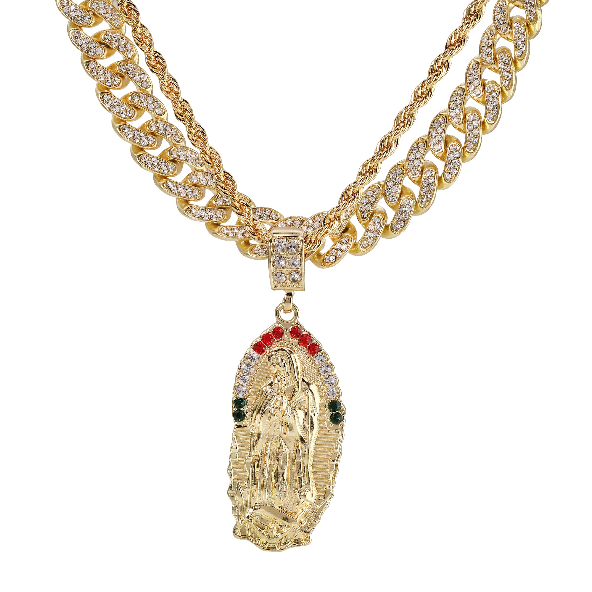 Cz Wave Oval Mexican Color Guadalupe Pendant 14k Gold PT 20" Cuban & Rope Chain