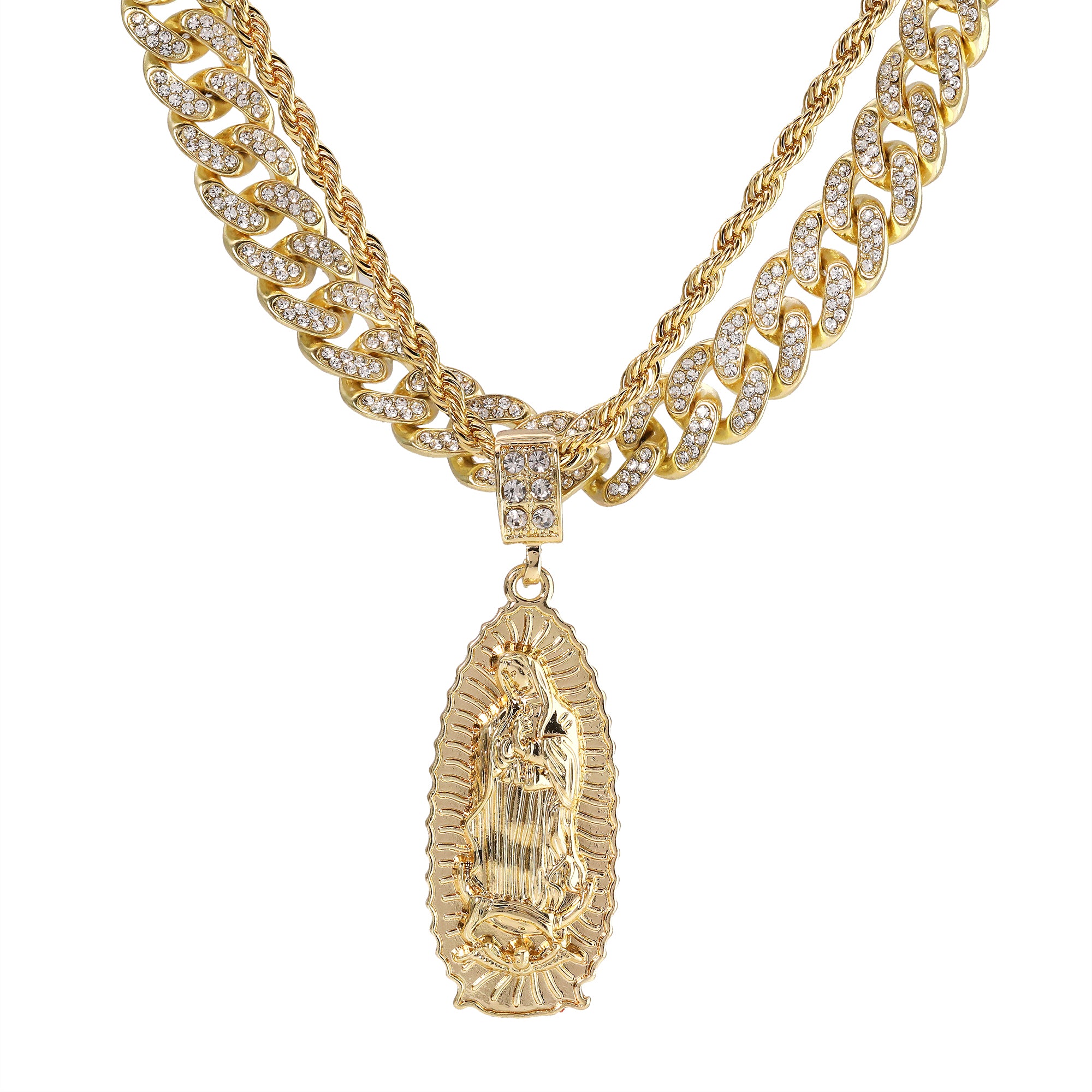 Thin Oval Guadalupe Pendant 14k Gold PT 20" Cuban & Rope Chain