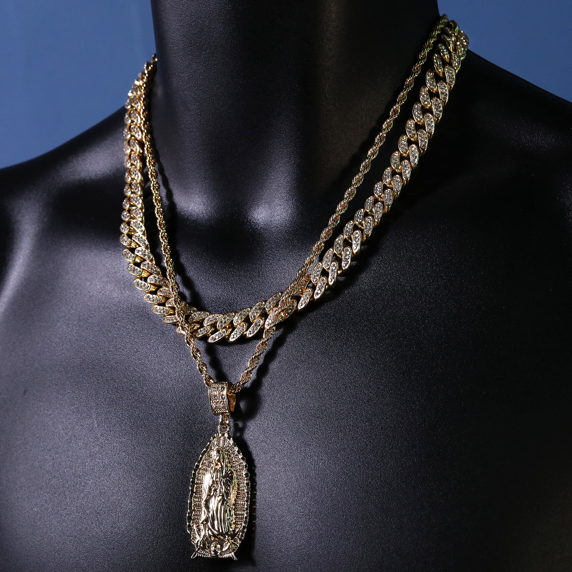 Wide Oval Guadalupe Pendant 14k Gold PT 20" Cuban & Rope Chain
