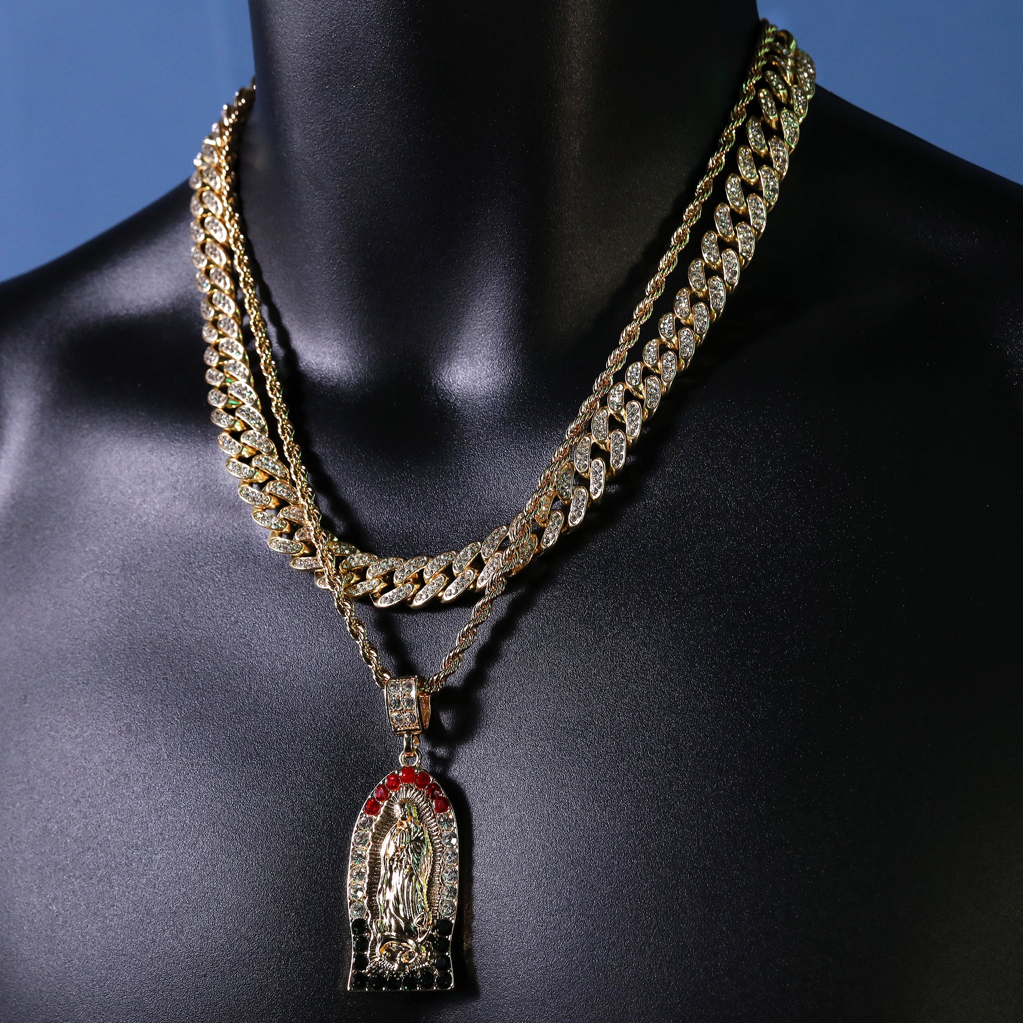 Cz Flat Bottom Mexican Color Guadalupe Pendant 14k Gold PT 20" Cuban & Rope Chain