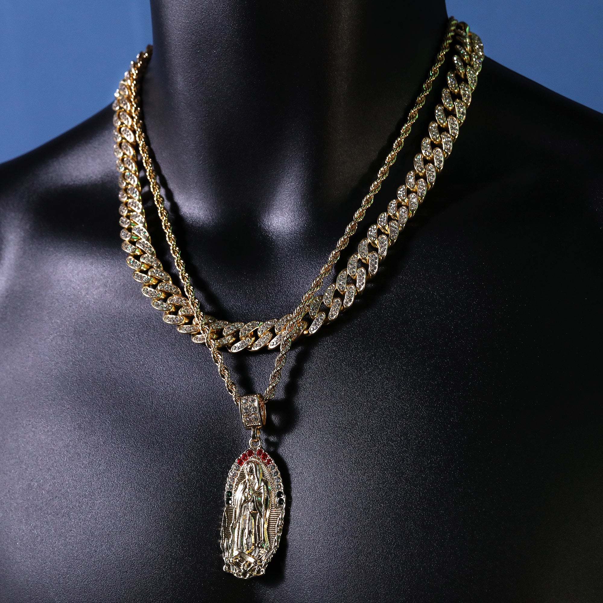 Cz Wave Oval Mexican Color Guadalupe Pendant 14k Gold PT 20" Cuban & Rope Chain
