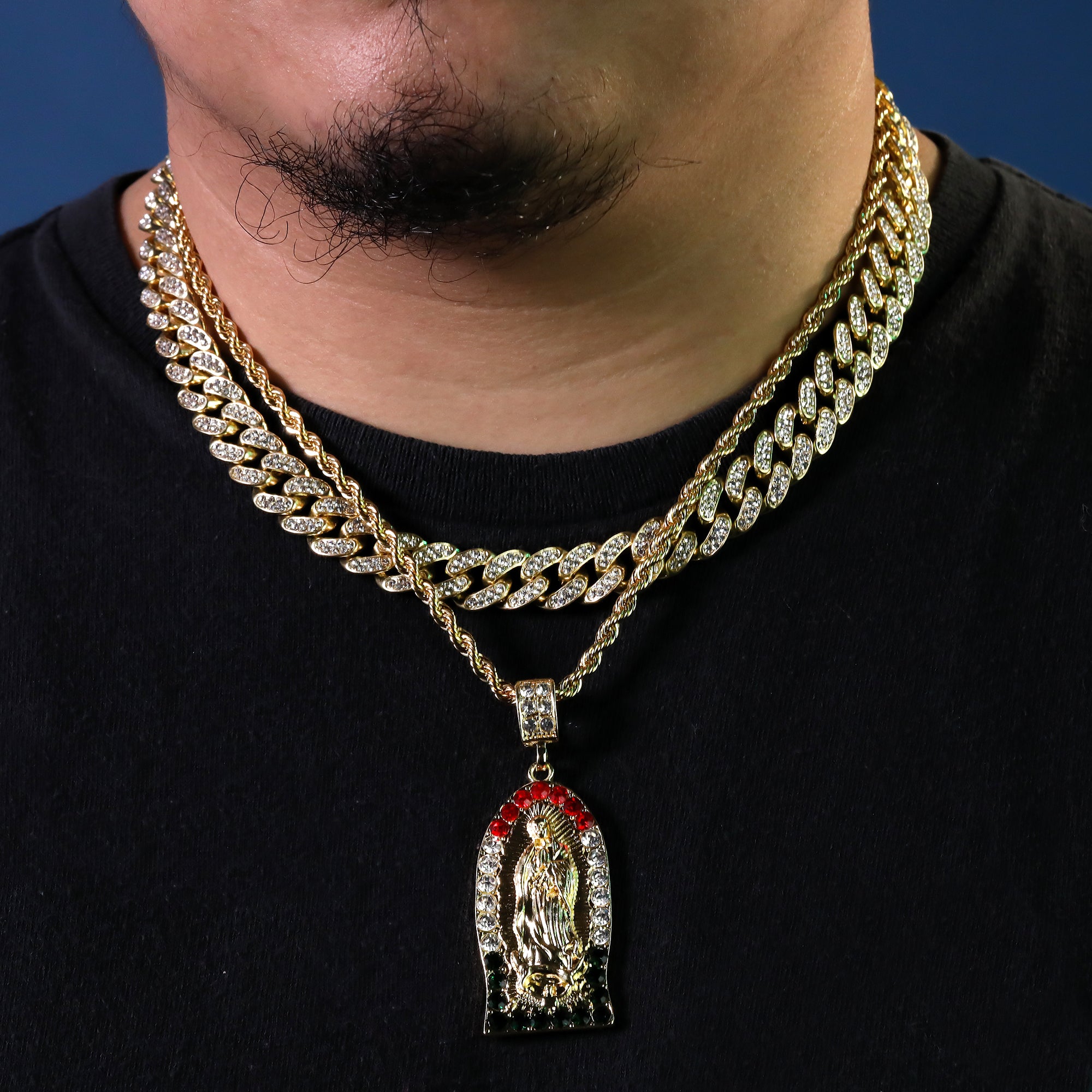 Cz Flat Bottom Mexican Color Guadalupe Pendant 14k Gold PT 20" Cuban & Rope Chain