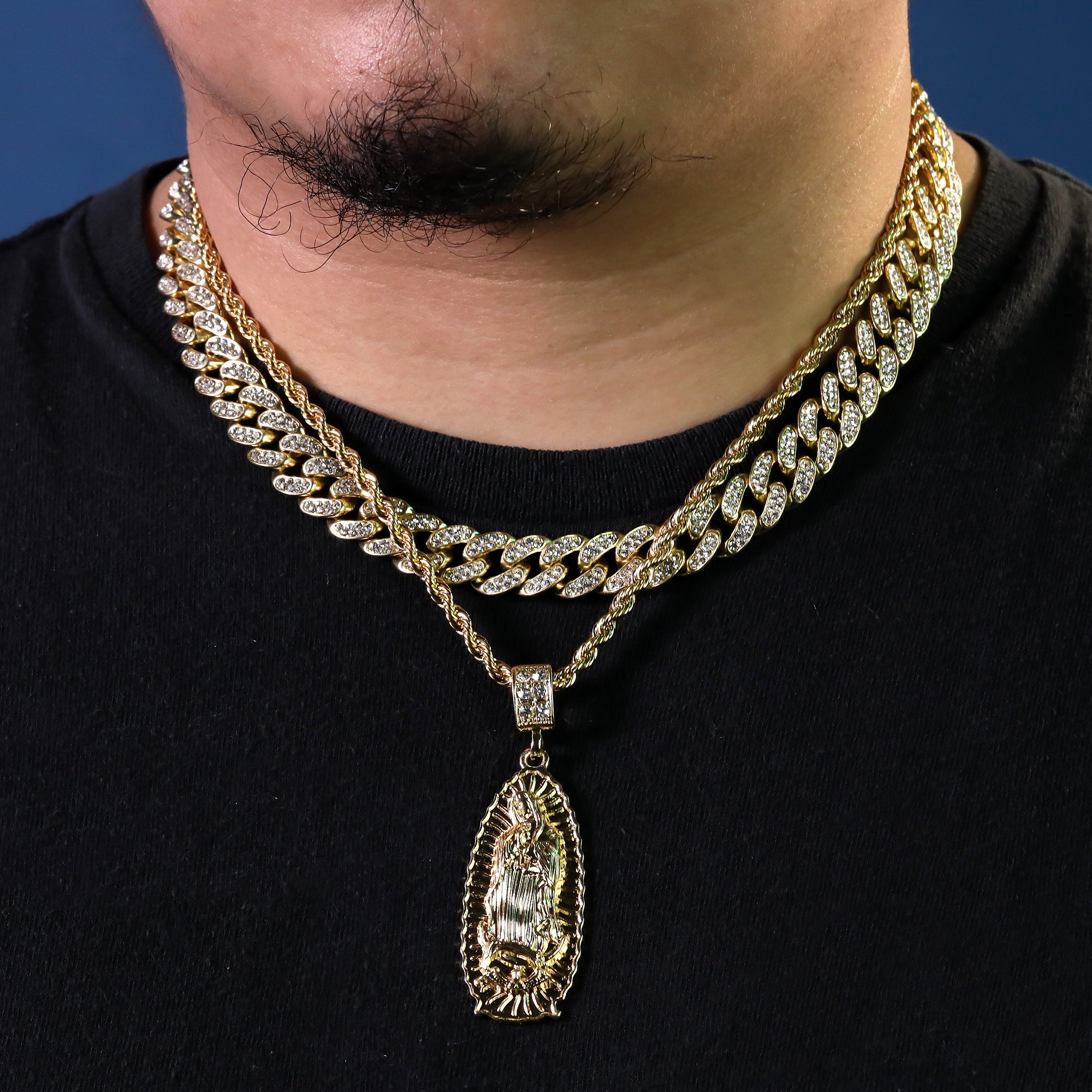Thin Oval Guadalupe Pendant 14k Gold PT 20" Cuban & Rope Chain