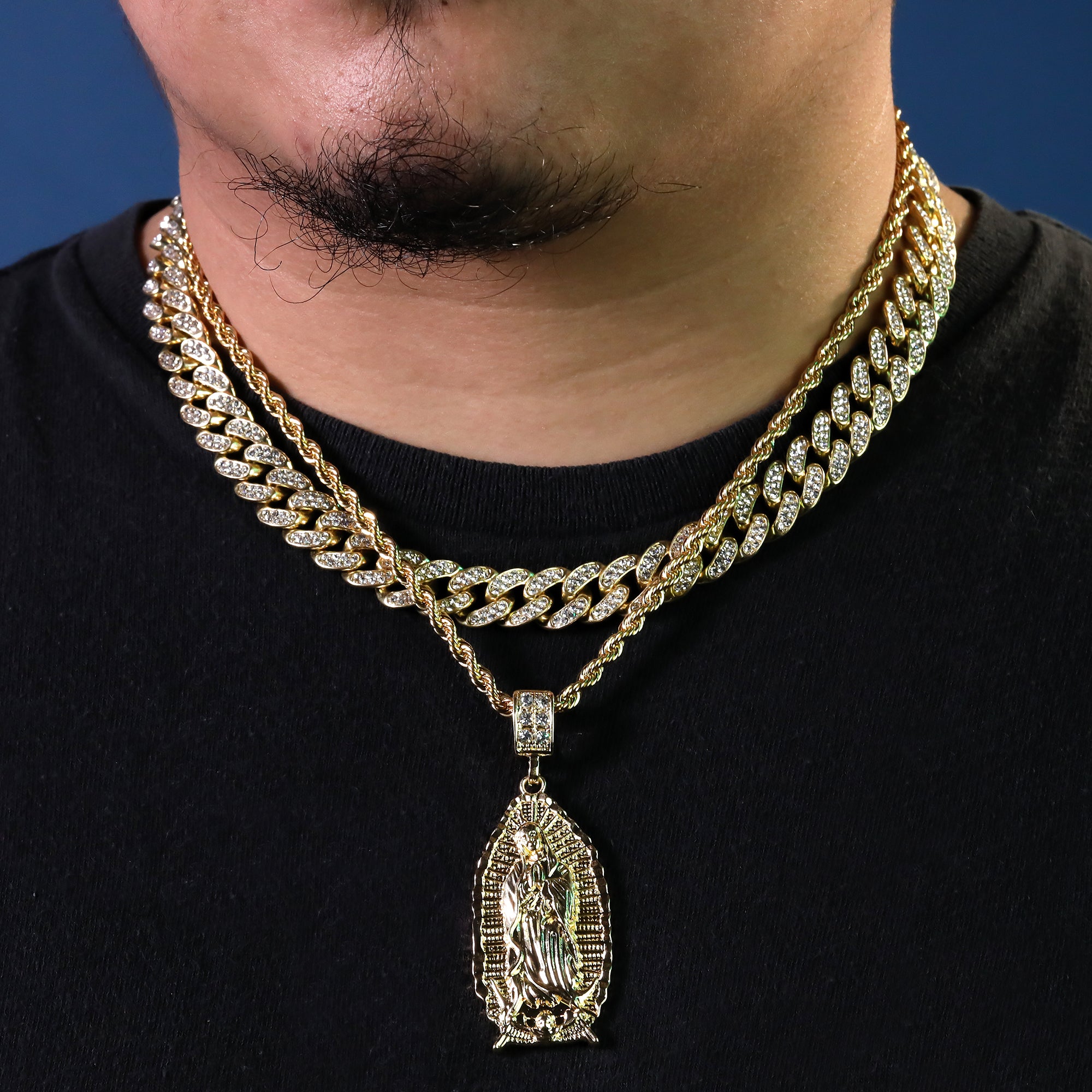 Wide Oval Guadalupe Pendant 14k Gold PT 20" Cuban & Rope Chain